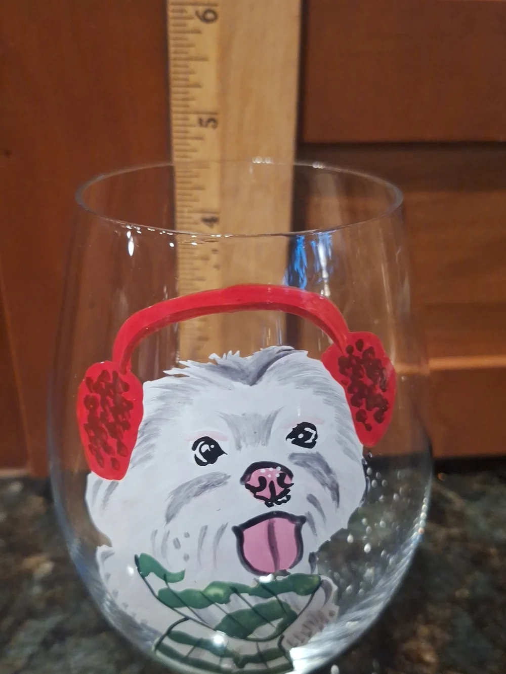 Pier 1 Hand-Painted Bichon Frise Stemless Wine Glass with Pink Ear Muffs